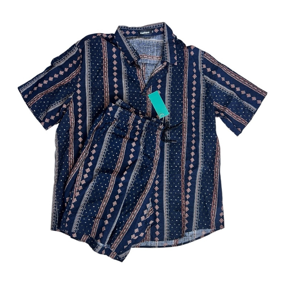 Men's Navy Patterned Shirt with matching shorts